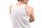 Back side of middle aged man in white veat suffering from arm and shoulder pain isolated