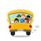 Back side school bus, student children on bus, multi ethnic friends at window, diversity kid education, vector illustration