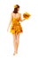 Back side view of Autumn woman in dress of maple leaves