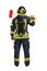 Back side view of firefighter in fire-proof uniform