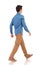 Back side view of a walking young casual man