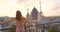 Back, stretching and woman with view, Paris and morning with vacation and summer with holiday. Person, traveller and