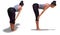 Back three-quarters and Right Profile Poses of a virtual Woman in Yoga Standing Half Forward Bend Pose on white