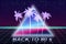 Back to 80's retro banner vaporwave aesthetic background Synthwave. Palms silhouette triangle grid 3d, sunset