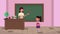 Back to school animation with female teacher and schoolgirl in classroom