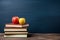 Back to school background with books and apples over blackboard. Stack of school books on the table. AI Generated