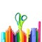 Back to school background with colorful pencils, scissors, markers on white backdrop, isolated.