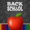 Back to school background with doodle elements on chalkboard, apple and colorful pencils