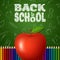 Back to school background with doodle elements on chalkboard, apple and colorful pencils