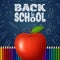 Back to school background with doodle elements on chalkboard, apple and colorful pencils