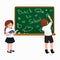 Back to school background, little girl and boy with books writing on blackboard for concept banner or card illustration