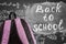 Back to school background with purple school bag and the title `Back to school` and math formulas written by white chalk