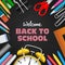 Back to school background with realistic stationeries and chalkboard