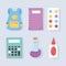 Back to school, backpack palette color glue calculator notebook chemistry flask icons education cartoon