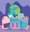 Back to school, backpacks globe books elementary education cartoon