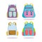 Back to school, backpacks supplies accessories elementary education cartoon