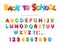 Back to school. Balloon colorful font for kids. Funny ABC letters and numbers. For birthday party, baby shower. Isolated on white.