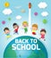 Back to school banner background. Group of Kids jumping on the Globe, Paper cut and craft style. Paper art style, you text