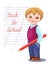 Back to School banner, card with schoolboy in uniform and back to school quote