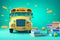 Back to school banner. Funny School bus with books and accessory on turquoise blue background with copy space