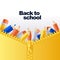 Back to school banner or poster background. Vector 3d pencils in open zip pocket. Yellow backpack close up illustration