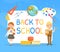 Back to School Banner Template with Cute Elementary School Students in Uniform and Supplies Tools Cartoon Vector