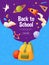 Back to school banner. Template for sale page design. Cartoon and colorful style. Backpack with flying elements.