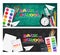Back to school banners set Vector realistic. Alarm clock, brushes, pencil, watercolor palettes
