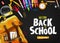 Back to School In Black Background Banner with Orange Backpack and School Supplies