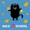 Back to school. Black cat Graduation hat Academic Cap Orange red fall leaf Ringing gold bell. Hello autumn season. Cute funny cart