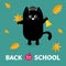 Back to school. Black cat Graduation hat Academic Cap Orange red fall leaf Ringing gold bell. Hello autumn season. Cute funny cart