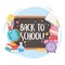 Back to school, blackboard globe map books pencil supplies elementary education cartoon