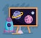 Back to school, blackboard science planets and rocket elementary education cartoon