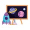 Back to school, blackboard science planets and rocket elementary education cartoon