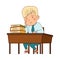 Back to School with Blond Boy in Blue Uniform Sitting at Desk with Sad Facial Expression Vector Illustration
