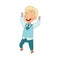Back to School with Blond Boy in Blue Uniform Standing with Raised Hands Laughing Vector Illustration