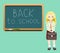 Back to school board cheerful girl satchel first of September Cartoon Design Vector Illustration