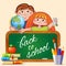 Back to school. Boy and girl with blackboard, globe, chemical flask, stack of books, pencils and brush in the holder