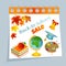 Back to school calendar sale background with autumn leaves, palette, books, apple, bell, graduate cap and text