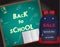 Back to school card with notebook, school Board and school backpack