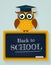 Back to school. Card with owl and blackboard. Vector illustration.