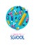 Back to school card papercut child supplies icons