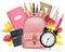 Back to School card Vector realistic. School supplies. Pink satchel, alarm clock, calculator, note book, rulers and pen