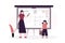 Back to school. Cartoon female teacher in front of blackboard explaining example to girl pupil. Concept of teaching and