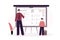 Back to school. Cartoon male teacher in front of blackboard explaining example to boy pupil. Concept of teaching and