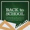 Back to school chalk text with green chalkboard and paper, wood ruler with top view