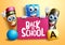 Back to school characters vector banner design. Back to school text with ballpen, pencil and notebook 3d character holding notepad