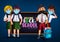 Back to school characters vector banner design. Welcome back to school text in chalkboard with 3d student character.