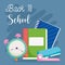 Back to school, clock book notebook and stapler elementary education cartoon