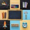 Back to school collage concept. school objects and supply with classroom blackboard.